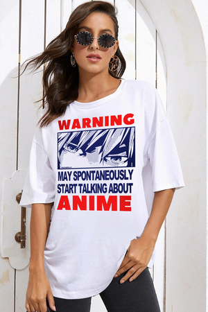 Dikkat Anime Beyaz Oversize Kısa Kollu Kadın T-shirt - Thumbnail