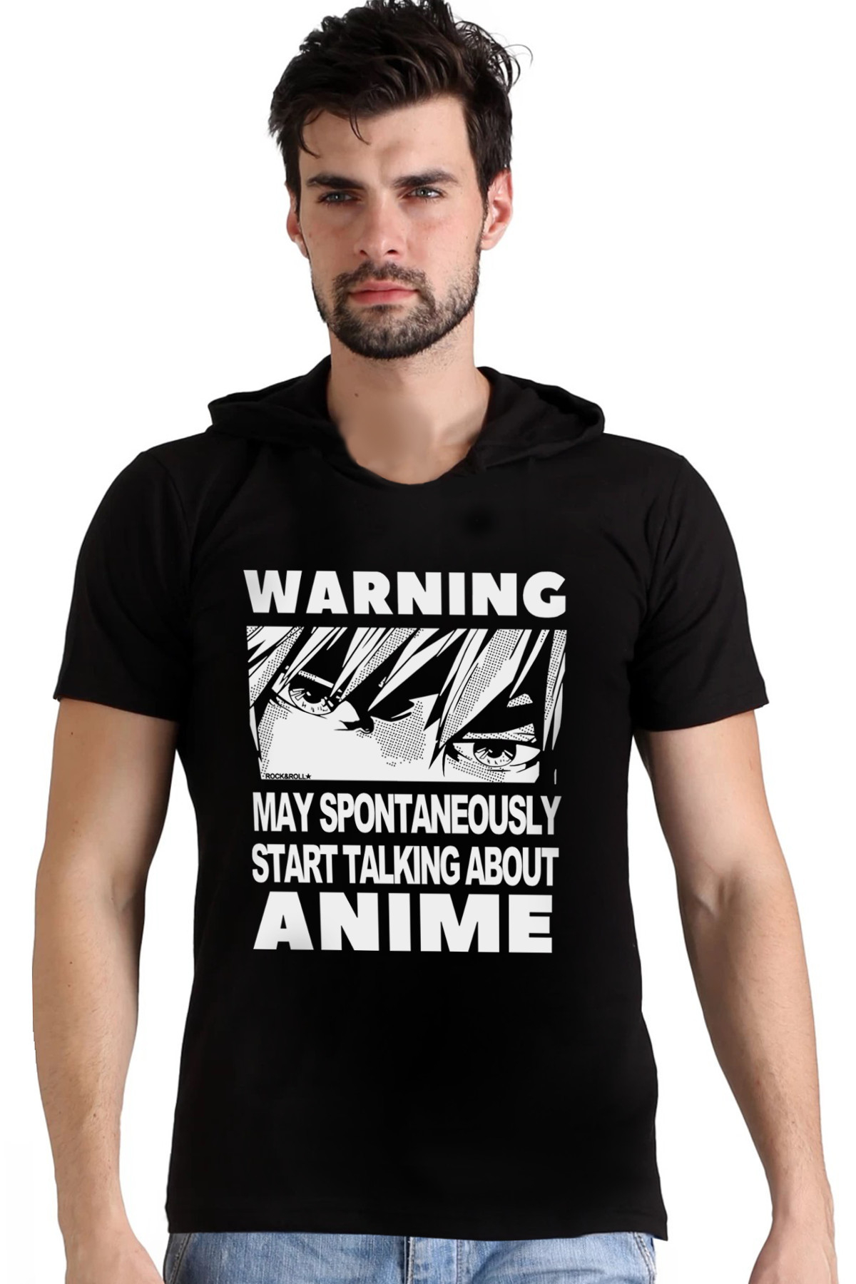 Dikkat Anime Siyah Kapşonlu Kısa Kollu Erkek T-shirt