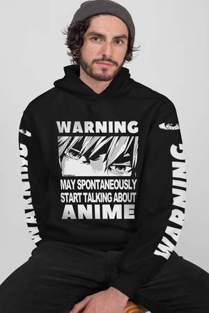  - Dikkat Anime Siyah Ön ve Kol Baskılı Kapşonlu Bol Erkek Sweatshirt