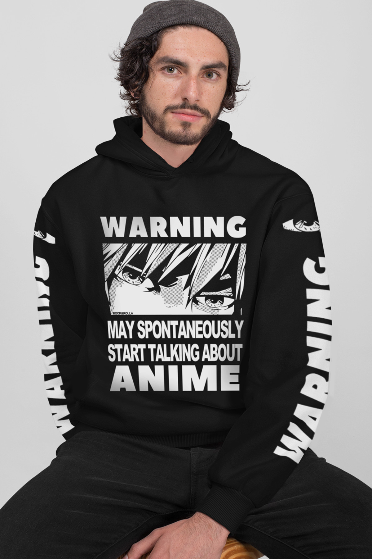 Dikkat Anime Siyah Ön ve Kol Baskılı Kapşonlu Bol Erkek Sweatshirt