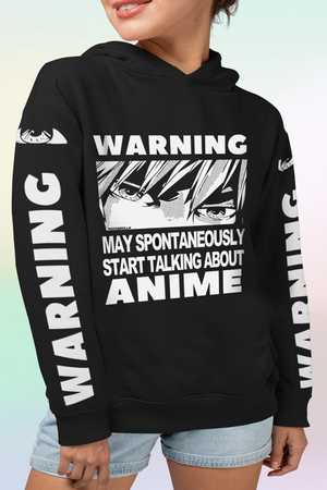  - Dikkat Anime Siyah Ön ve Kol Baskılı Kapşonlu Oversize Kadın Sweatshirt