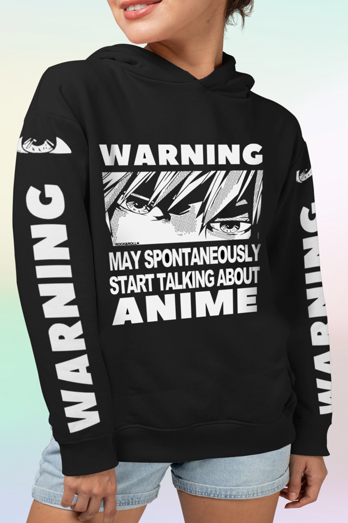 Dikkat Anime Siyah Ön ve Kol Baskılı Kapşonlu Oversize Kadın Sweatshirt