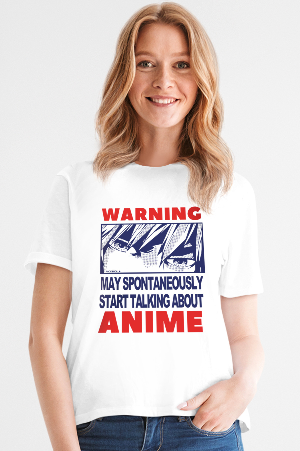 Dikkat Anime Beyaz Kısa Kollu Kadın T-shirt