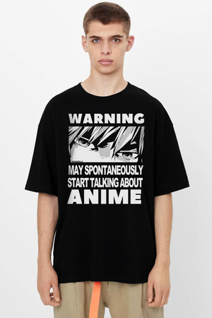Dikkat Anime Siyah Oversize Kısa Kollu Erkek T-shirt - Thumbnail