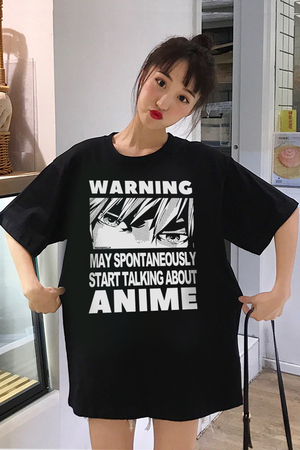 Dikkat Anime Siyah Oversize Kısa Kollu Kadın T-shirt - Thumbnail