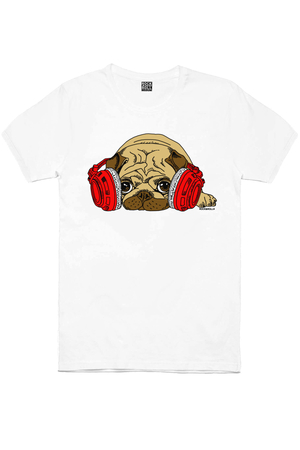 Kulaklıklı Köpek Beyaz Kısa Kollu Erkek T-shirt - Thumbnail