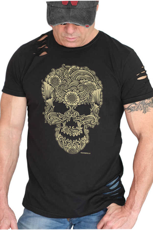 Rock & Roll - Dövme Kurukafa Kısa Kollu Yırtık Ripped Siyah T-shirt