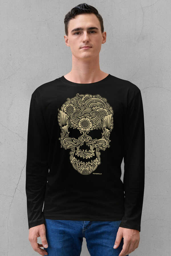 Dövme Kurukafa Siyah Bisiklet Yaka Uzun Kollu Penye Erkek T-shirt