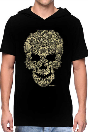 Rock & Roll - Dövme Kurukafa Siyah Kapşonlu Kısa Kollu Erkek T-shirt