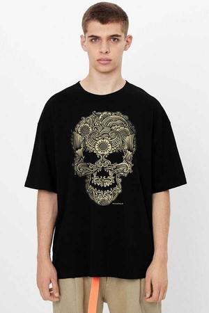 Dövme Kurukafa Siyah Oversize Kısa Kollu Erkek T-shirt - Thumbnail