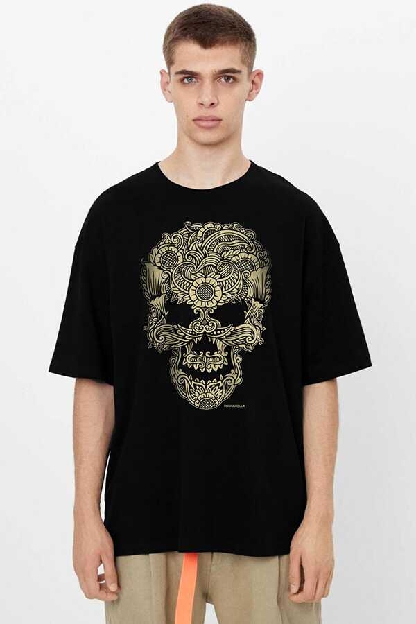 Dövme Kurukafa Siyah Oversize Kısa Kollu Erkek T-shirt