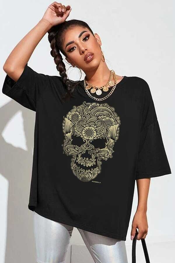 Dövme Kurukafa Siyah Oversize Kısa Kollu Kadın T-shirt
