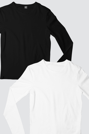 Düz, Baskısız 1 Siyah, 1 Beyaz, Uzun Kollu Kadın 2'li Eko Paket T-shirt - Thumbnail