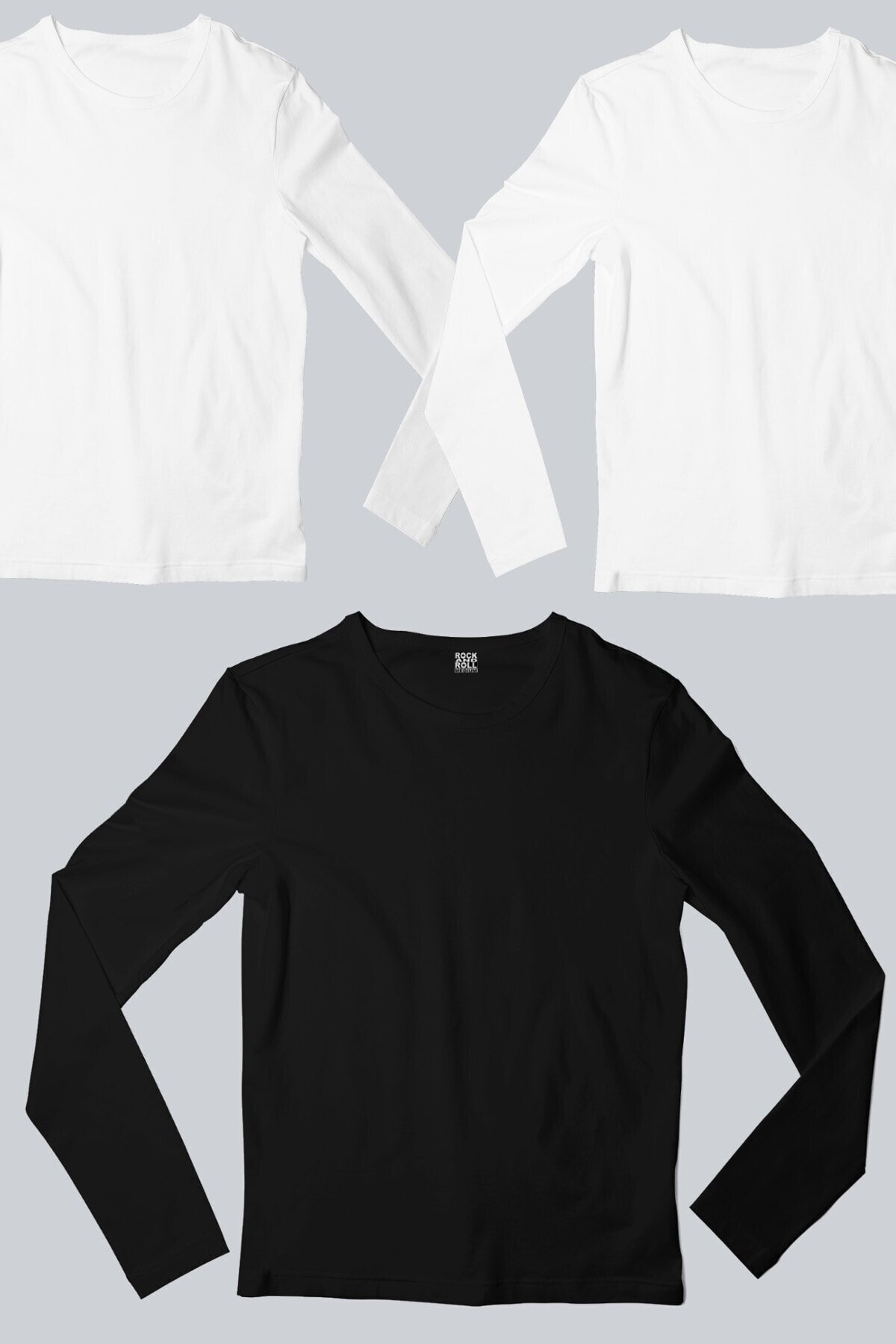 Düz, Baskısız 2 Beyaz, 1 Siyah Uzun Kollu T-shirt Erkek 3'lü Eko Paket