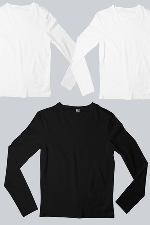 Düz, Baskısız 2 Beyaz, 1 Siyah Uzun Kollu T-shirt Erkek 3'lü Eko Paket - Thumbnail