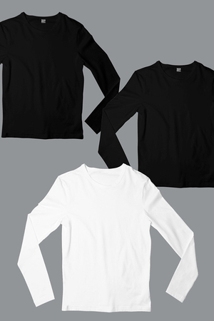  - Düz, Baskısız 2 Siyah, 1 Beyaz Uzun Kollu Erkek T-shirt 3'lü Eko Paket