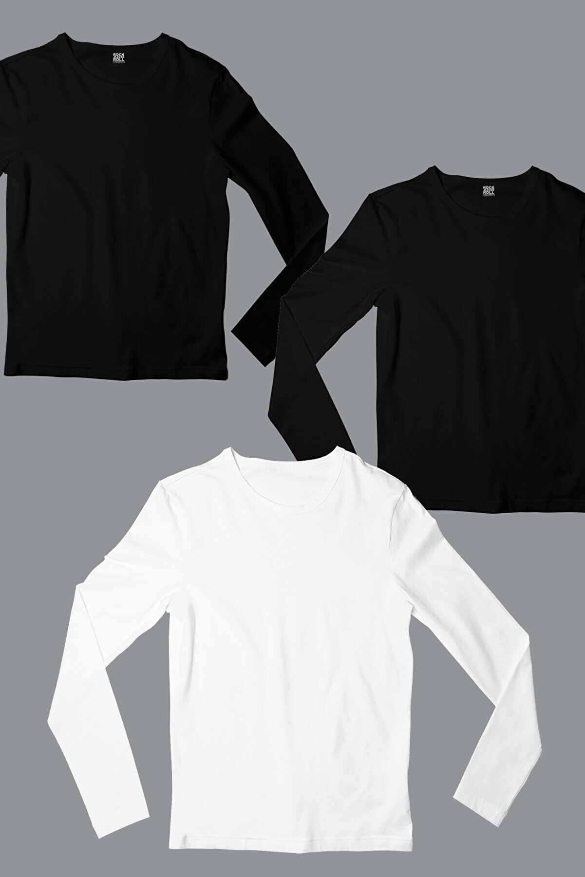 Düz, Baskısız 2 Siyah, 1 Beyaz Uzun Kollu Erkek T-shirt 3'lü Eko Paket