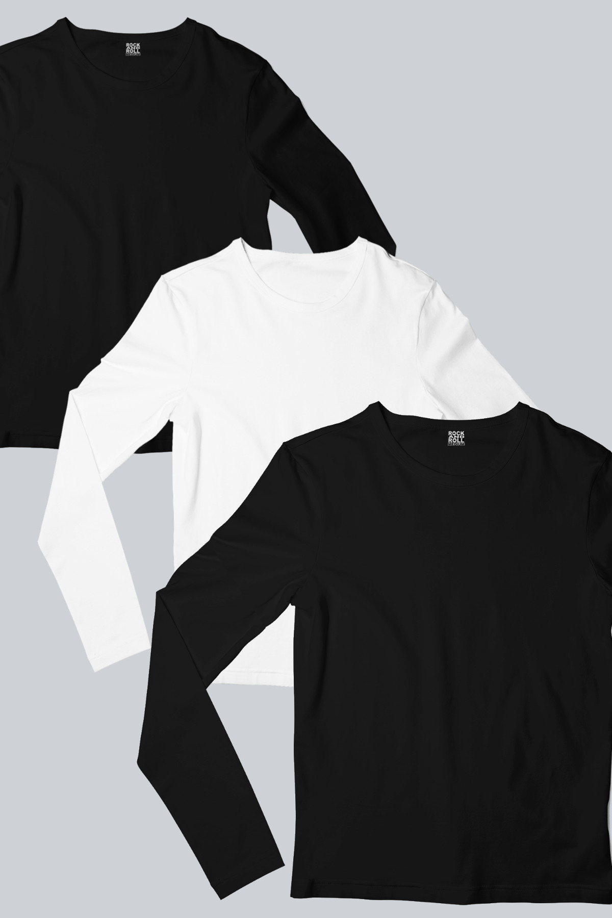 Düz, Baskısız 2 Siyah, 1 Beyaz Uzun Kollu Kadın T-shirt 3'lü Eko Paket