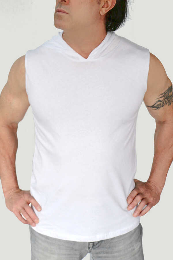 Düz, Baskısız Basic Beyaz Kapşonlu Kesik Kol | Kolsuz Erkek T-shirt