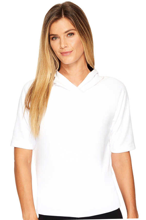 Düz, Baskısız Basic Beyaz Kapşonlu Kısa Kollu Kadın T-shirt - Thumbnail