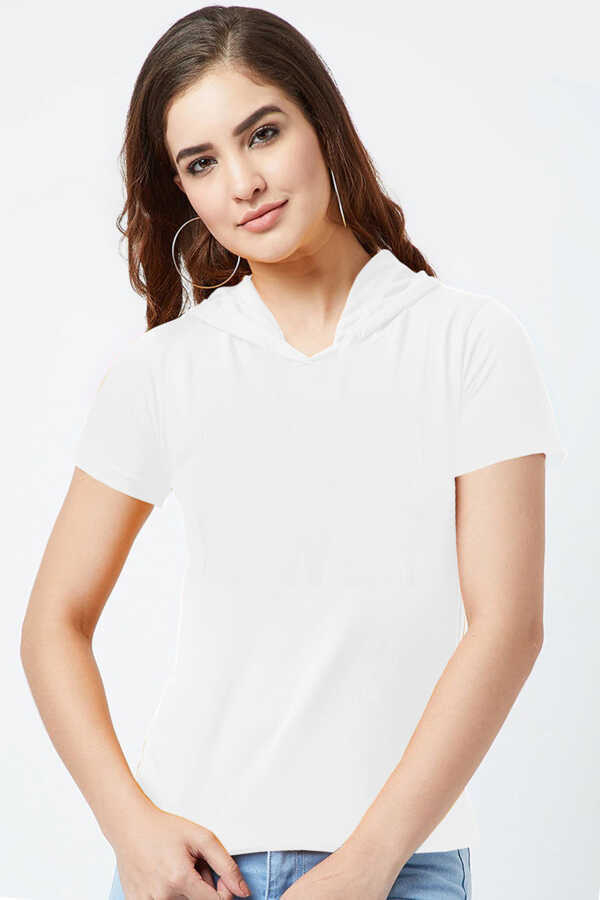 Düz, Baskısız Basic Beyaz Kapşonlu Kısa Kollu Kadın T-shirt