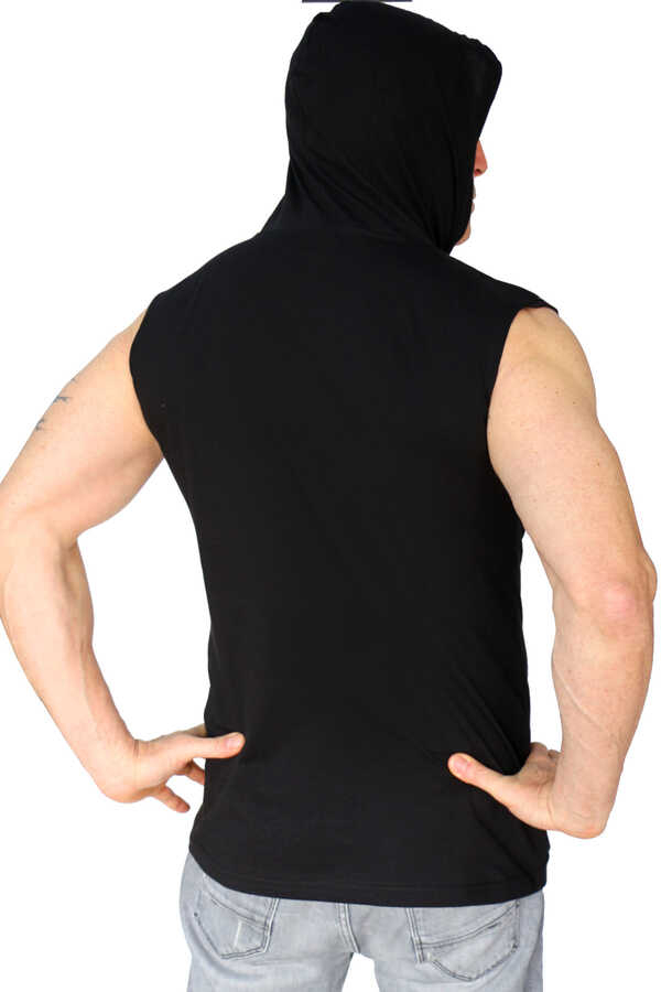 Düz, Baskısız Basic Siyah Kapşonlu Kesik Kol | Kolsuz Erkek T-shirt