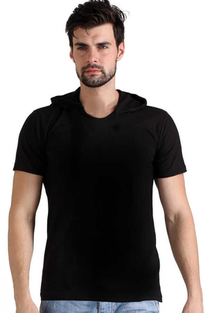 Rock & Roll - Düz, Baskısız Basic Siyah Kapşonlu Kısa Kollu Erkek T-shirt