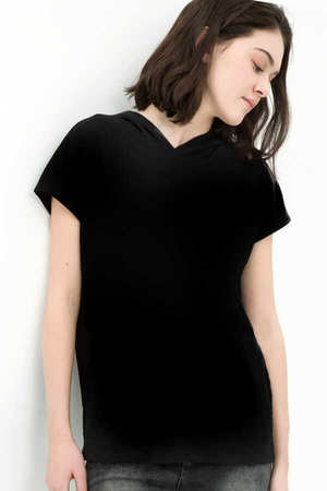 Rock & Roll - Düz, Baskısız Basic Siyah Kapşonlu Kısa Kollu Kadın T-shirt