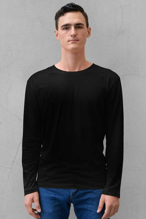 Düz, Baskısız Siyah Bisiklet Yaka Uzun Kollu Penye Erkek T-shirt - Thumbnail