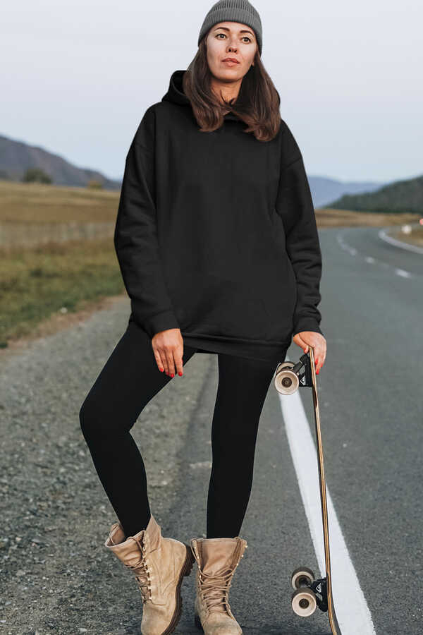 Düz, Baskısız Siyah Kapüşonlu Kalın Oversize Kadın Sweatshirt
