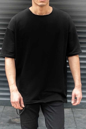 Düz, Baskısız Siyah Oversize Kısa Kollu Erkek T-shirt - Thumbnail