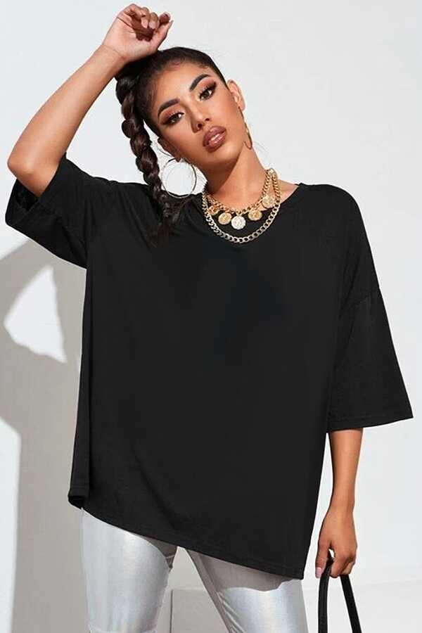 Düz, Baskısız Siyah Oversize Kısa Kollu Kadın T-shirt