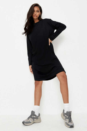 Düz Baskısız Uzun Kollu Kadın | Bayan Siyah Penye T-shirt Elbise - Thumbnail