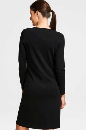 Düz Baskısız Uzun Kollu Kadın | Bayan Siyah Penye T-shirt Elbise - Thumbnail