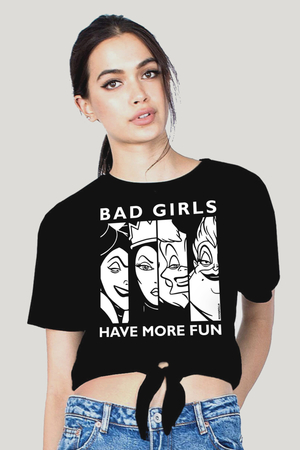 Eğlenceli Kadınlar Siyah Kısa, Kesik Bağlı Crop Top Kadın T-shirt - Thumbnail