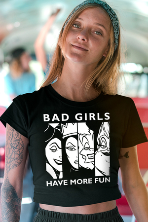 Eğlenceli Kadınlar Siyah Kısa, Kesik Crop Top Kadın T-shirt - Thumbnail