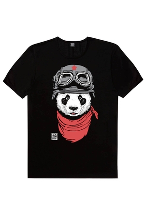 Erkek Siyah Bandanalı Panda, Satürnde Panda 2'li Eko Paket T-shirt - Thumbnail