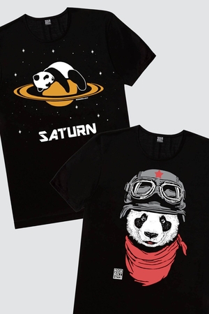  - Erkek Siyah Bandanalı Panda, Satürnde Panda 2'li Eko Paket T-shirt