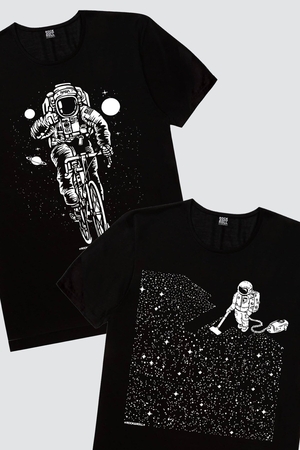  - Erkek Siyah Bisikletli Astronot, Siyah Süpürgeli Astrontot 2'li Eko Paket T-shirt