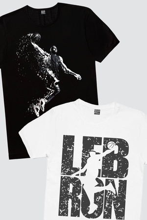 Rock & Roll - Pro Smaç, Lebron Yazı Beyaz Erkek 2'li Eko Basket Paket T-shirt