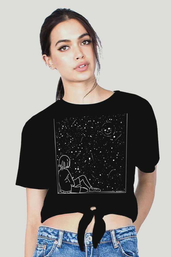 Evrensel Gülüş Siyah Kesik Crop Top Bağlı Kadın T-shirt