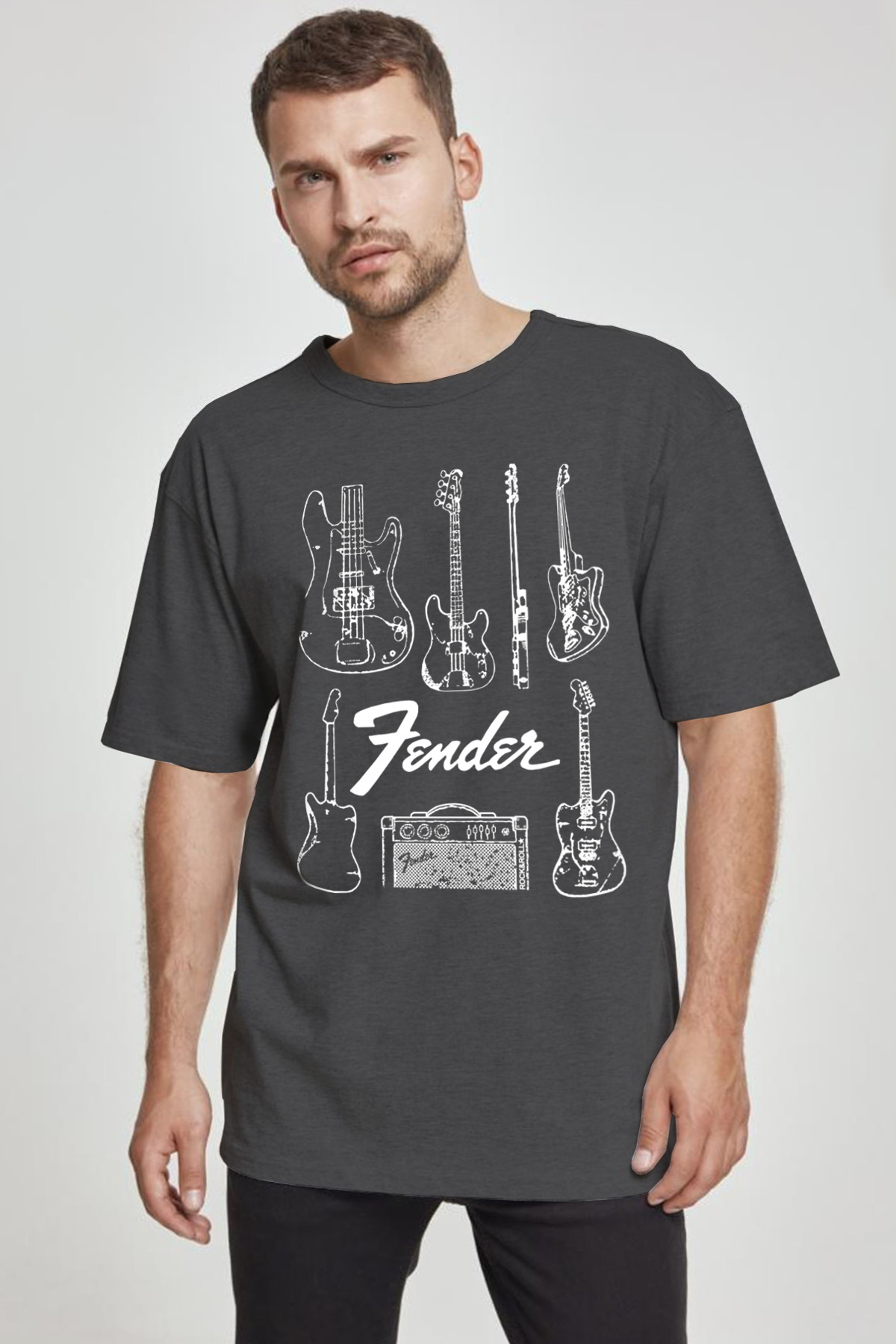 Fender Gitar Antrasit Oversize Kısa Kollu Erkek T-shirt