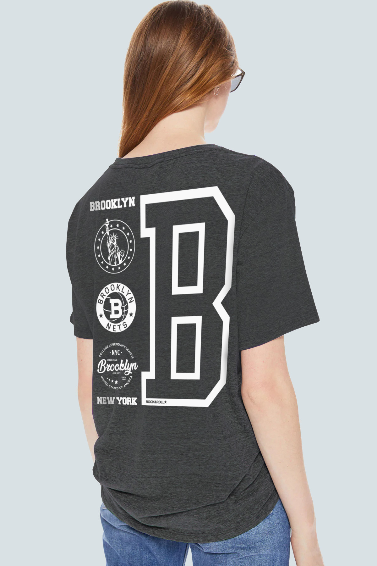 Brooklyn Logo Oversize Arka Baskılı Antrasit Kısa Kollu Kadın T-shirt