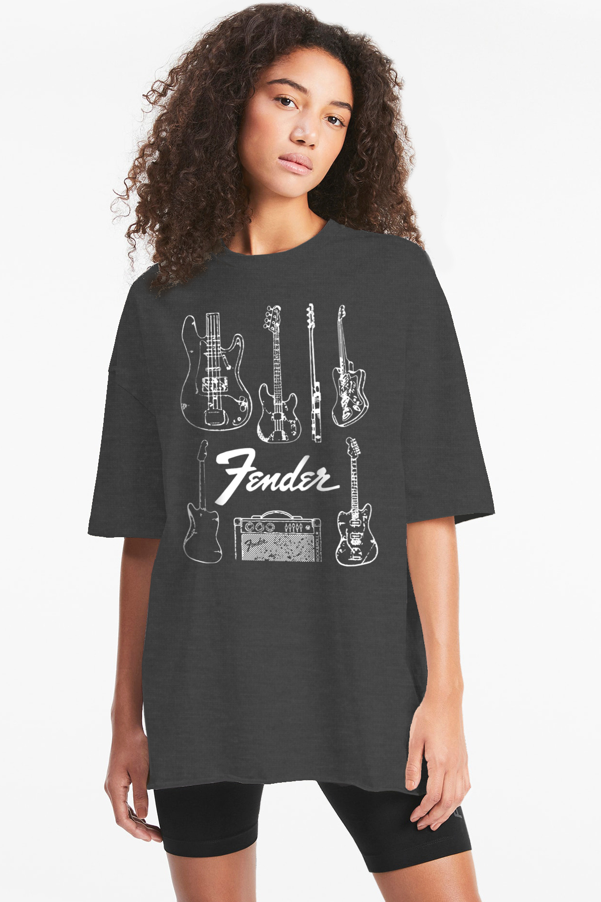 Fender Gitar Antrasit Oversize Kısa Kollu Kadın T-shirt