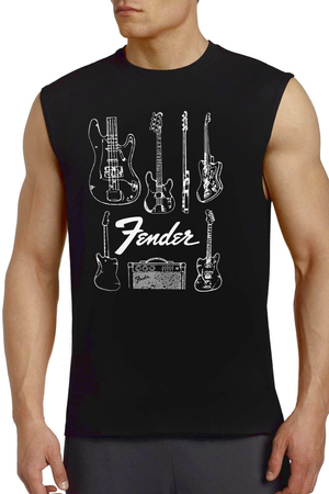 Fender Gitar Siyah Kesik Kol | Kolsuz Erkek T-shirt | Atlet - Thumbnail