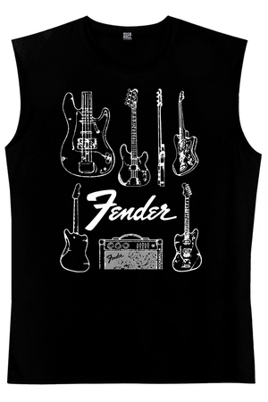 Fender Gitar Siyah Kesik Kol | Kolsuz Erkek T-shirt | Atlet - Thumbnail