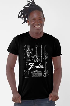  - Fender Gitar Siyah Kısa Kollu Erkek T-shirt