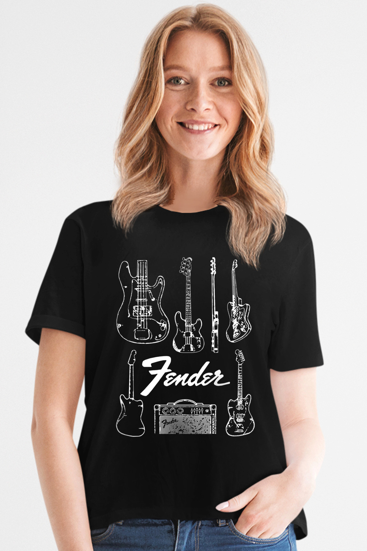 Fender Gitar Siyah Kısa Kollu Kadın T-shirt