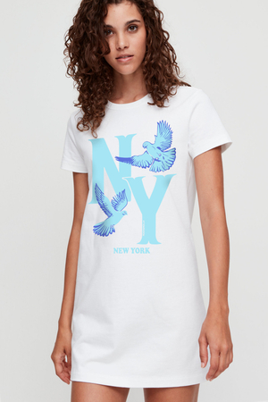 Ny Güvercinleri Beyaz Kısa Kollu Penye Kadın T-shirt Elbise - Thumbnail