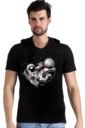 Rock & Roll - Futbolcu Astronot Siyah Kapşonlu Kısa Kollu Erkek T-shirt